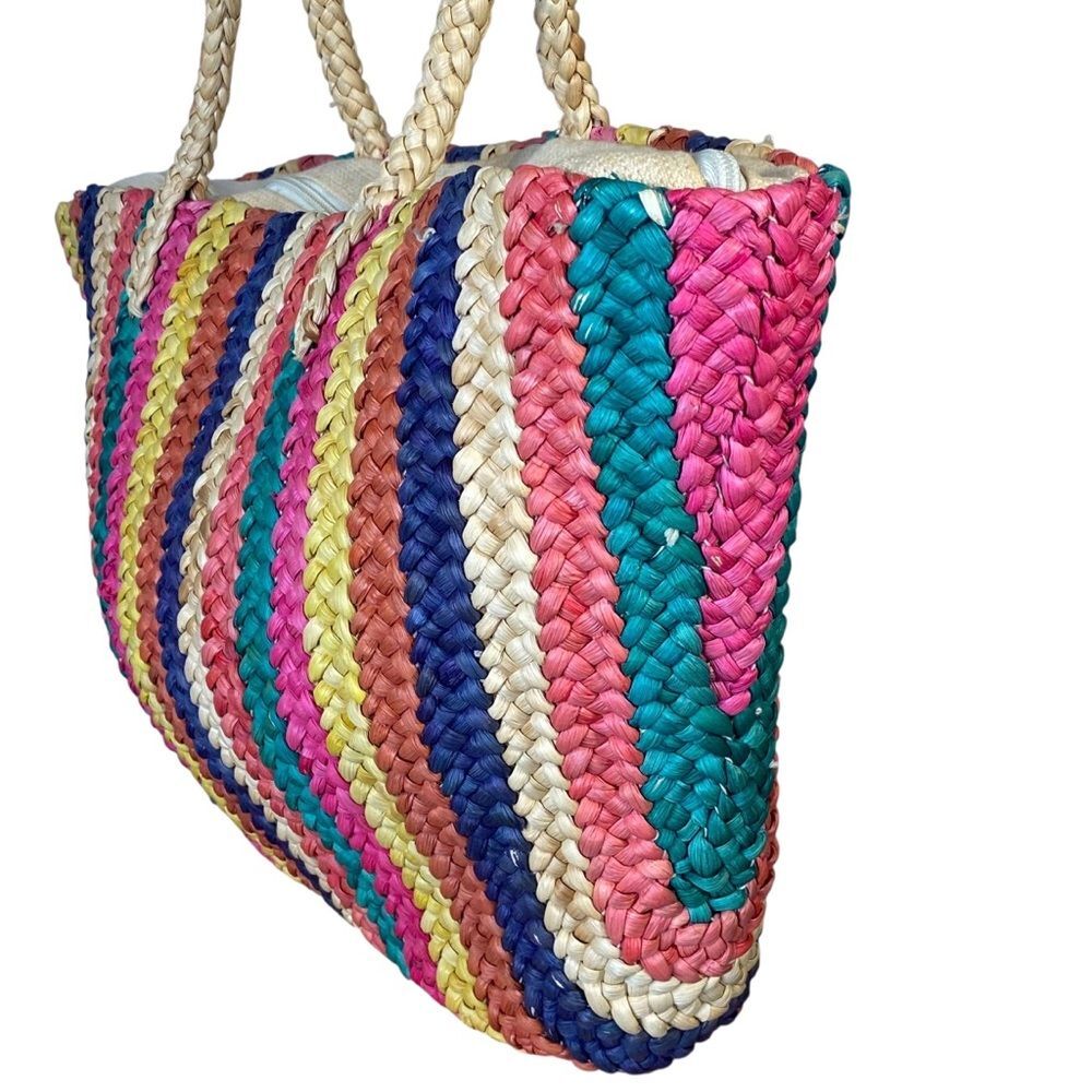 Waves Straw Beach Bag Vintage 80s 90s Colorful Deep Tote Dual Handle Flat Bottom - Picture 2 of 9